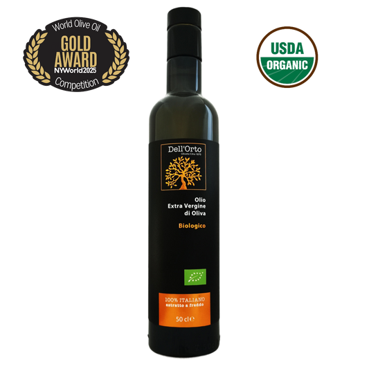Dell’Orto Organic Extra Virgin Olive Oil – 2025 NYIOOC Gold Medal Winner, Certified USDA Organic, First Cold-Pressed, Rich & Balanced Italian EVOO from Campania